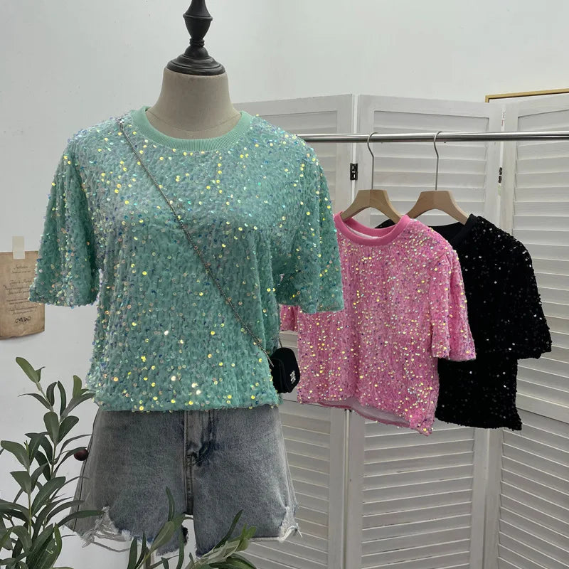Spicy Girl Pink Sequins Short Sleeve T-shirt Round Neck Slimming Crop Top Blingbling Sexy Nightclub Multi Color Casual Tees