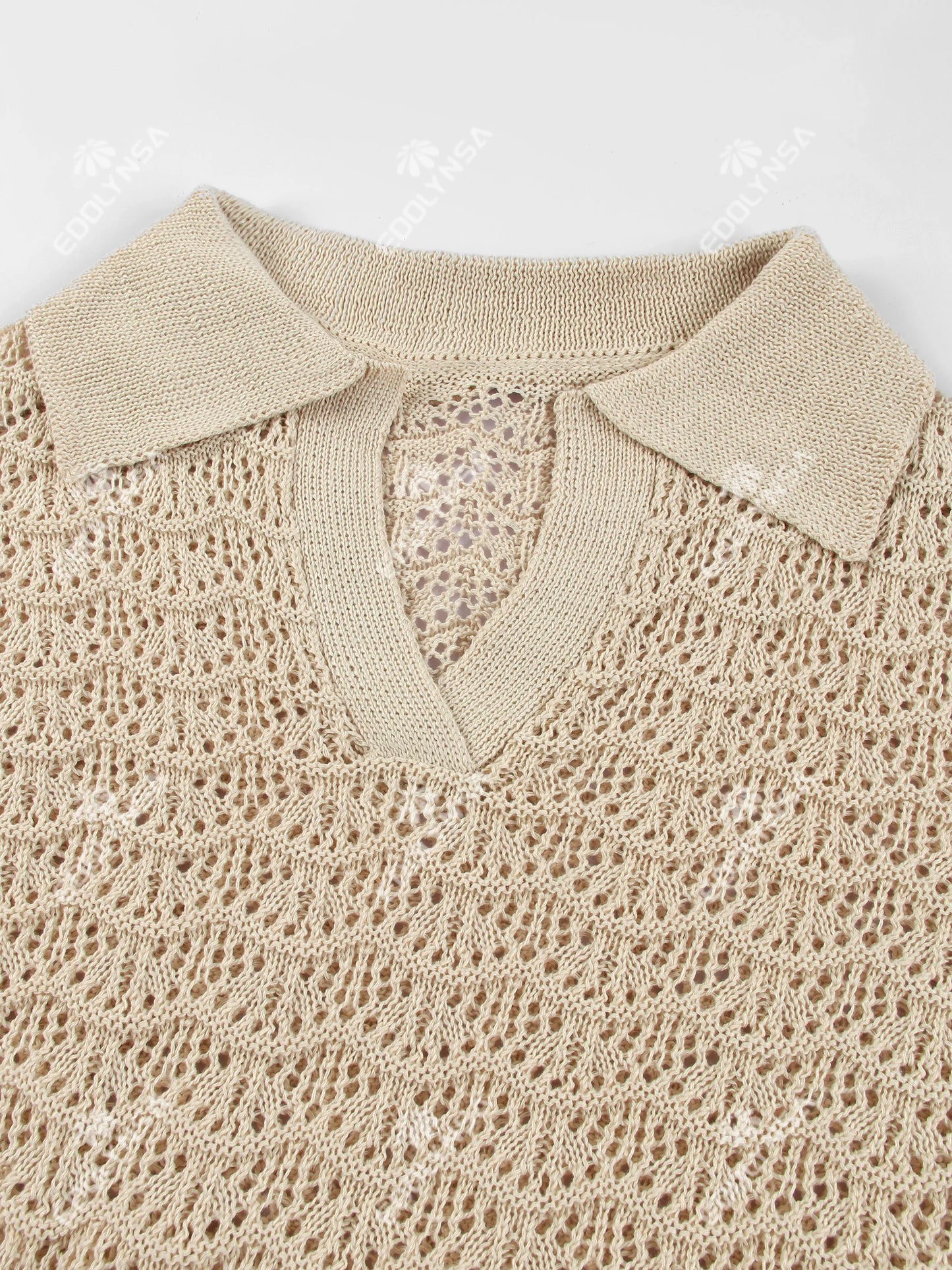 Sexy Shirt V-neck Bell Sleeve Hollow Out Knitted Belted Beach Mini Dress 2025 Summer Swimsuit Cover Up Women's Casual Outfit K16