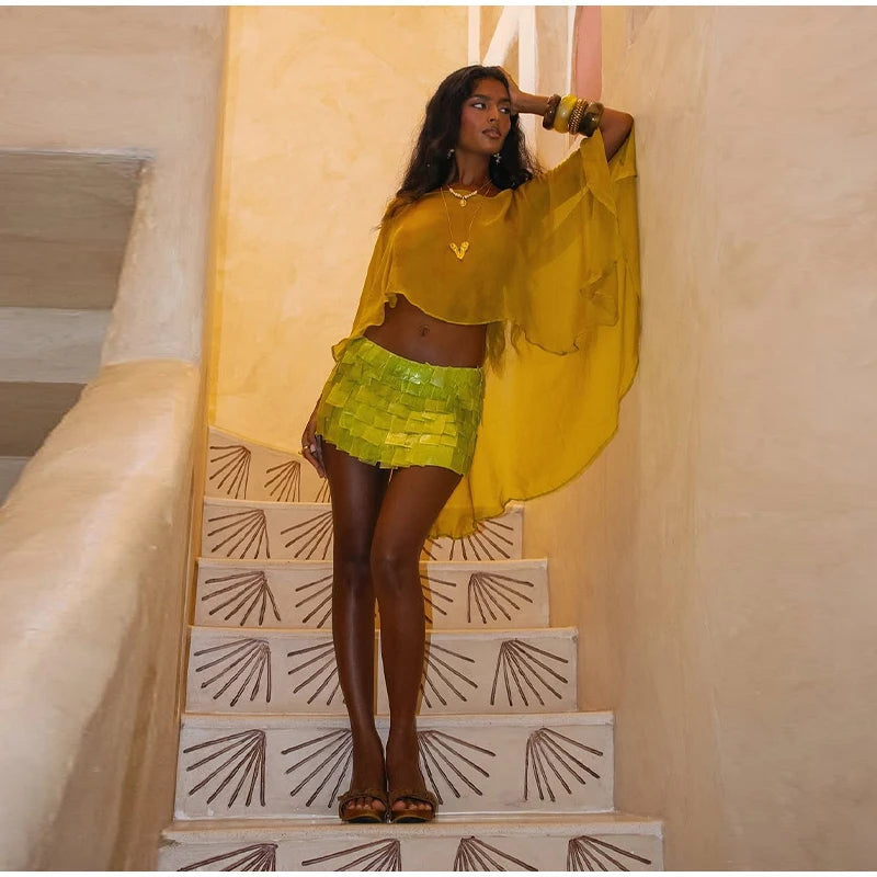 Sheer Chiffon Cape Top and Sequin Mini Skirt Set for Women