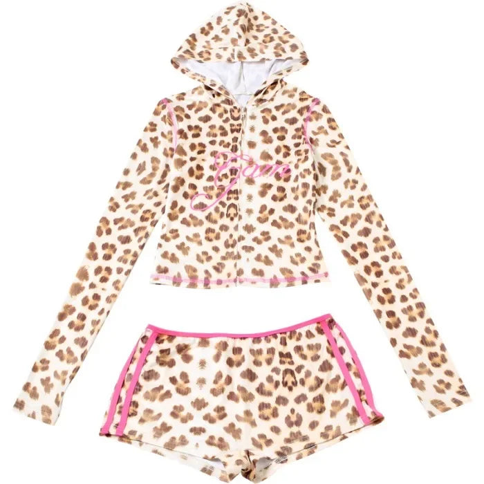 Sexy Shorts Set for Woman Crop Top Slim Fit Hooded Leopard Print Top and High Waisted and Half Pants Suit 2025 Spring/summer New