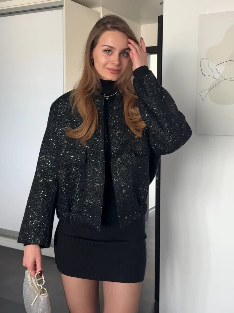 Suninheart Women's Sequined Bomber Jacket Fall O Neck Long Sleeve Pocket Stretch Hem Sequins Jacket Coat Female Chic Outerwear