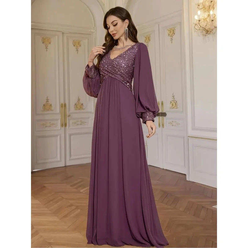 V-Neck Sequined Chiffon Evening Gown