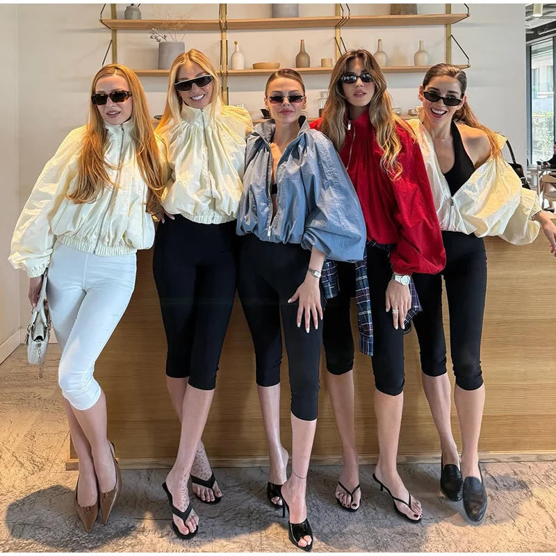 Zip Up High Neck Puff Sleeve Cropped Jacket For Women