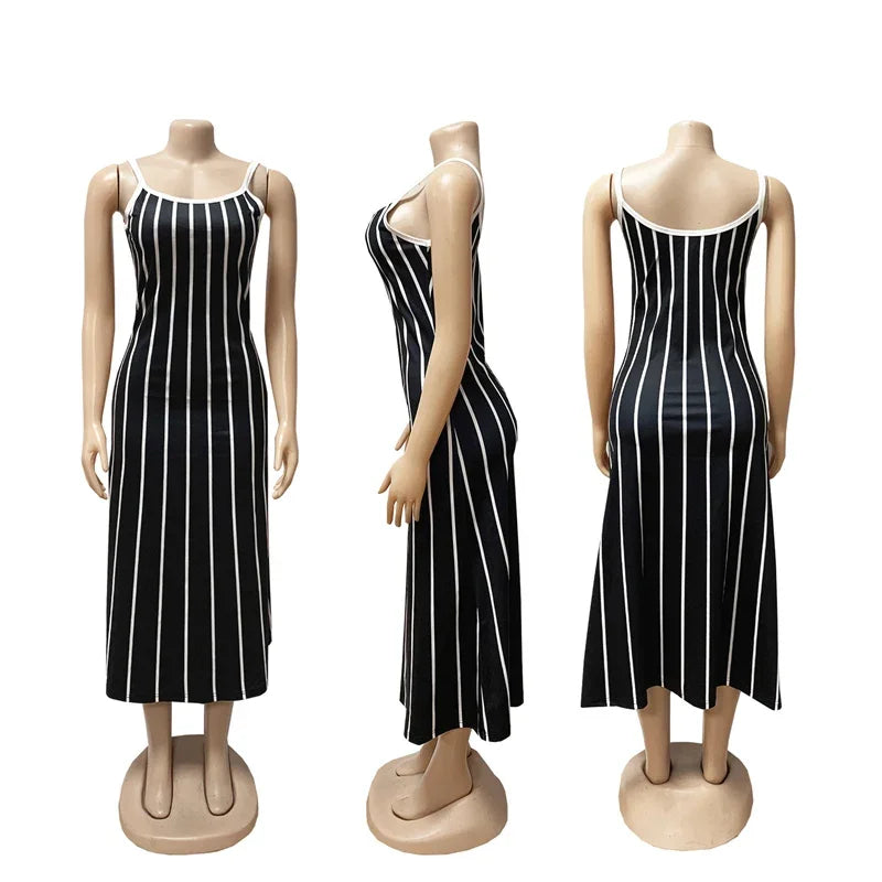 Summer Striped Printed A-line Maxi Dress for Woman Sleeveless Camisole V-neck Casual Club Party Long Dresses Sundress Vacation