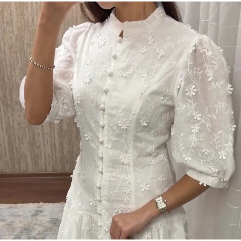 Floral Puff Sleeve Empire Waist Long Dress for Women