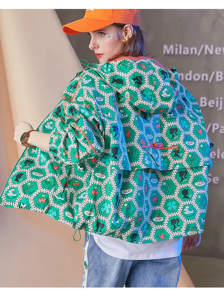 Women's Hooded Zipper Jacket, Casual Outerwear, Loose Tops, Print Doodle Coats, Female Clothing, Autumn, Winter, New