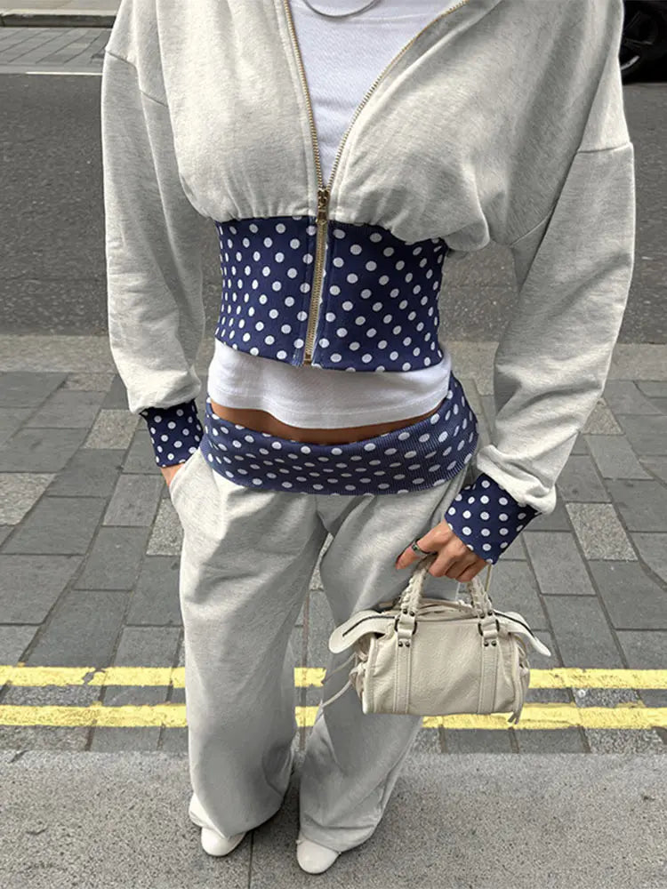 Polka Dot Hooded Zipper Crop Top And Wide Leg Pants For Women