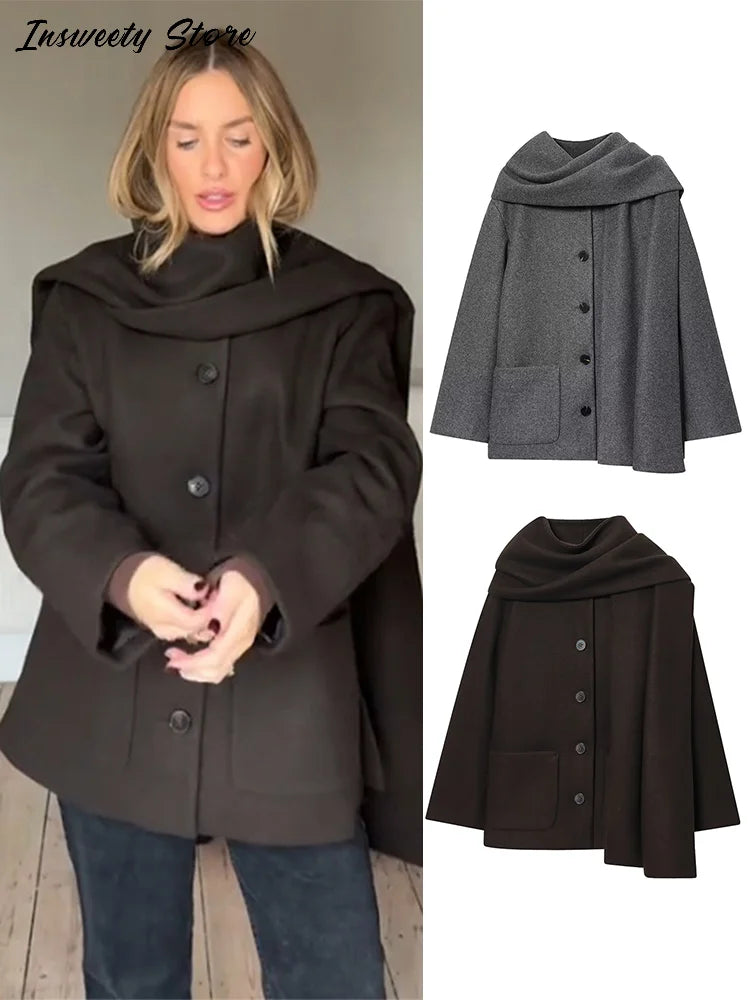 Classic Long Trench Coat With Detachable Scarf for Women