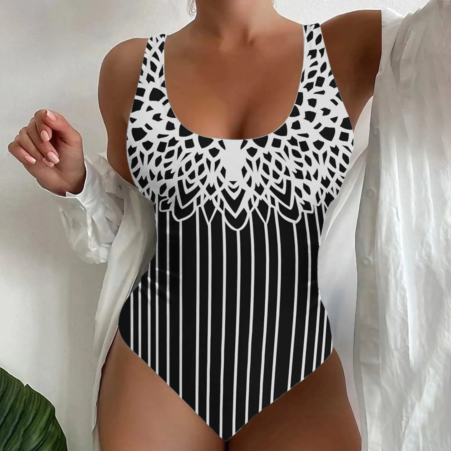 Plus Size U Neck Striped Print Figure Shaping Swimsuit for Women