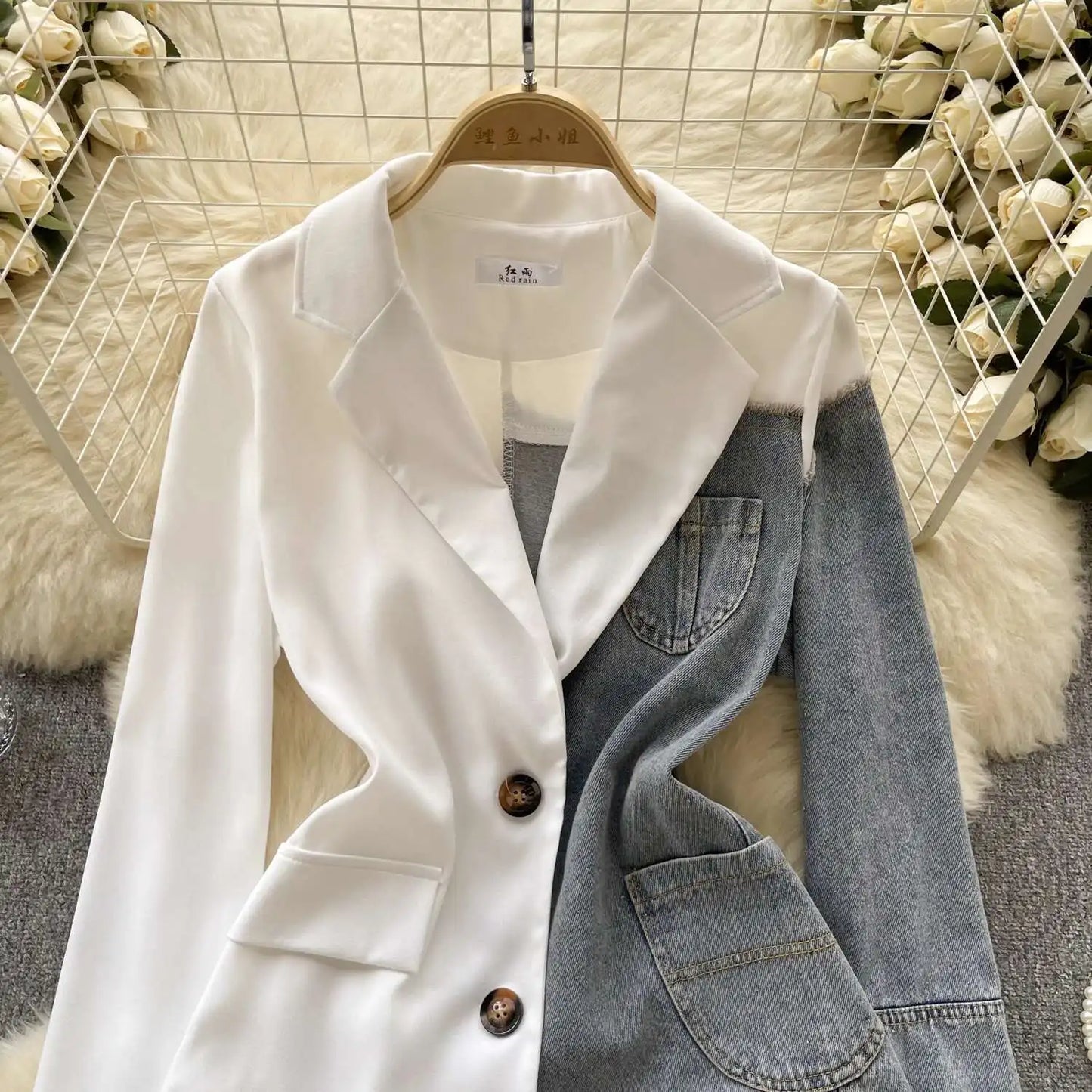 ANJY Autumn New Women Vintage Streetwear Ins Stylish Denim Patchwork Single Breasted Coat Casual Elegant Asymmetric Blazer A8421