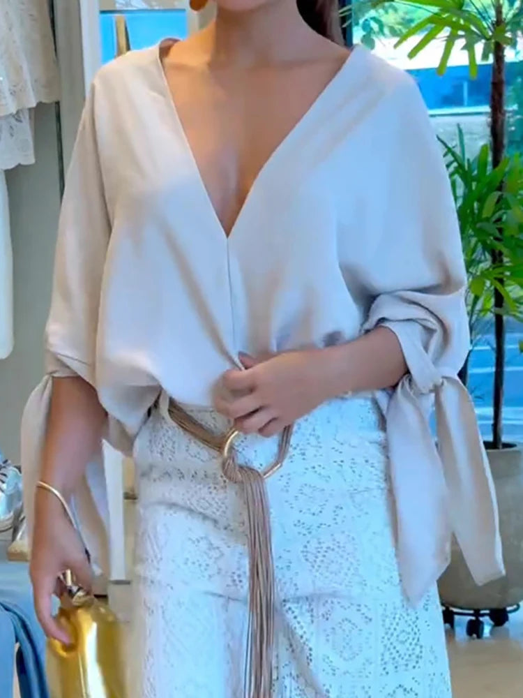 New Spring Autumn Loose V Neck Chic Blouses, Women Casual Batwing Sleeve Simple Tops, 2025 Solid Lace-Up Patchwork Ladies Shirts