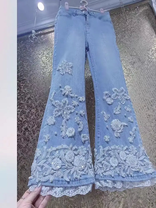 Luxury Design Embroidered Flares Denim Long Pant for Women's Pants pantalones de mujer Woman Clothing Ladies Trousers