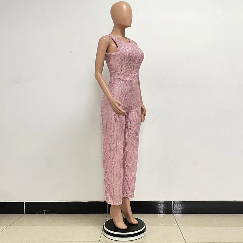 Elegant Silver Sequined Straight Cut Jumpsuit for Women