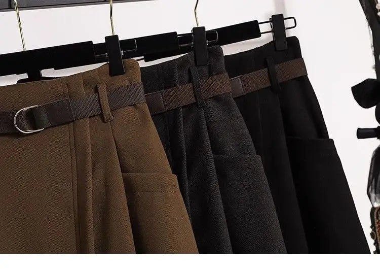 High Waisted Black Wool Midi Skirt With Pockets for Women