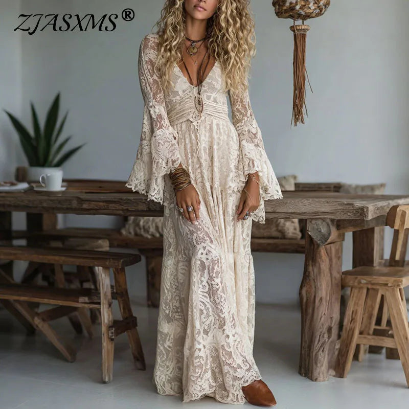 Elegant Deep V Neck Lace Embroidered Maxi Dress for Women