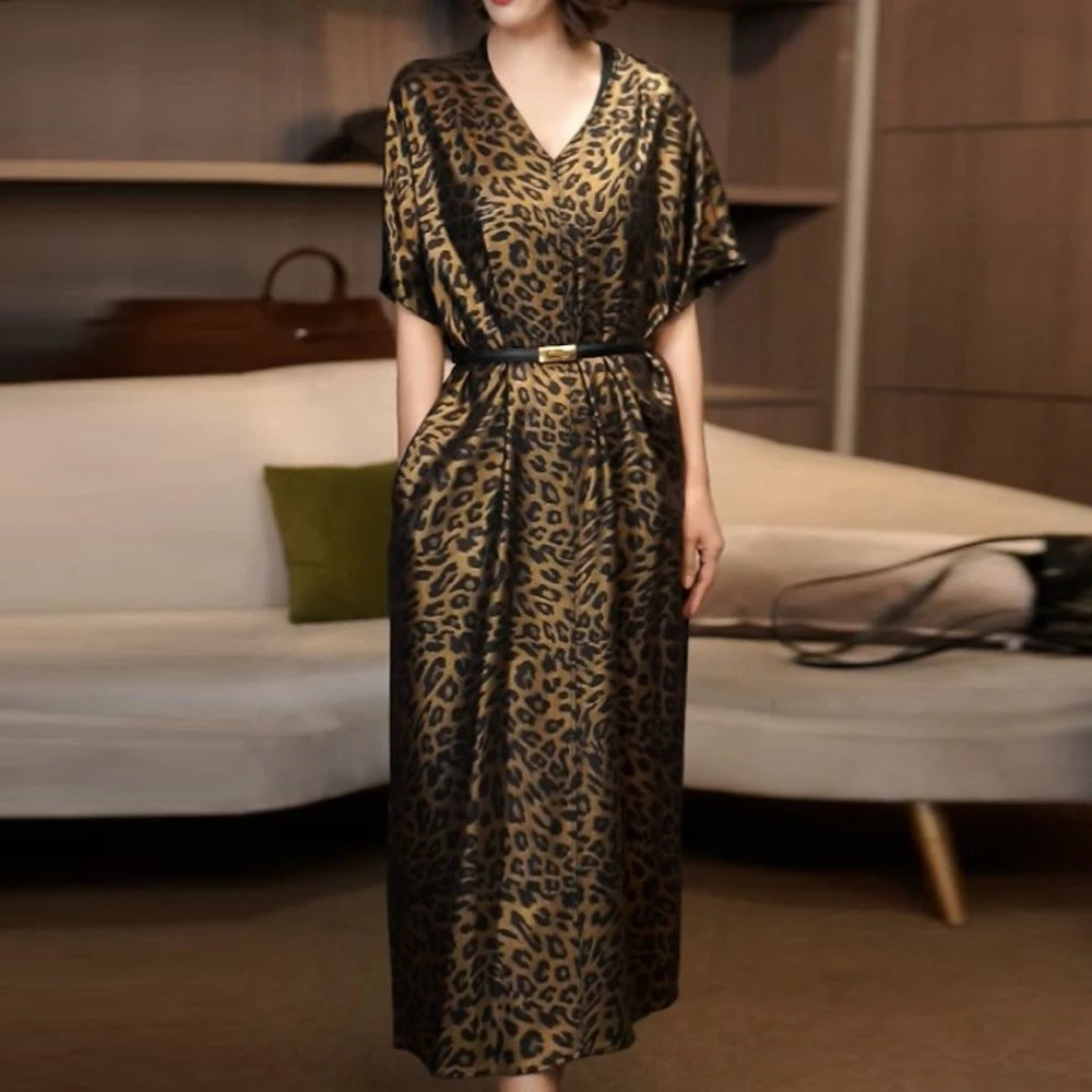 Lightweight Leopard Print V Neck Midi Dress For Women