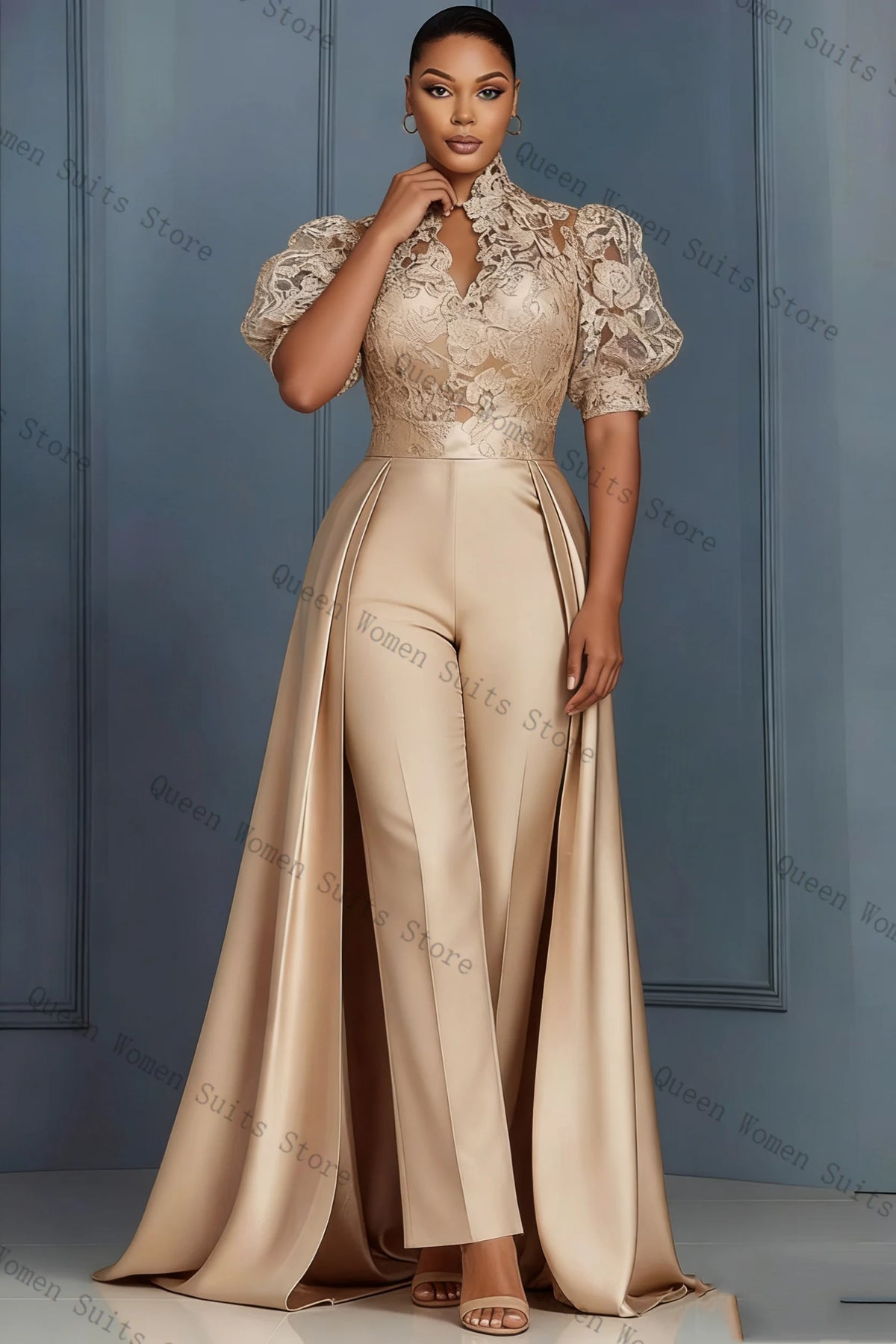 Elegant Champagne Lace Trim Blazer And Pants Suit Set For Women