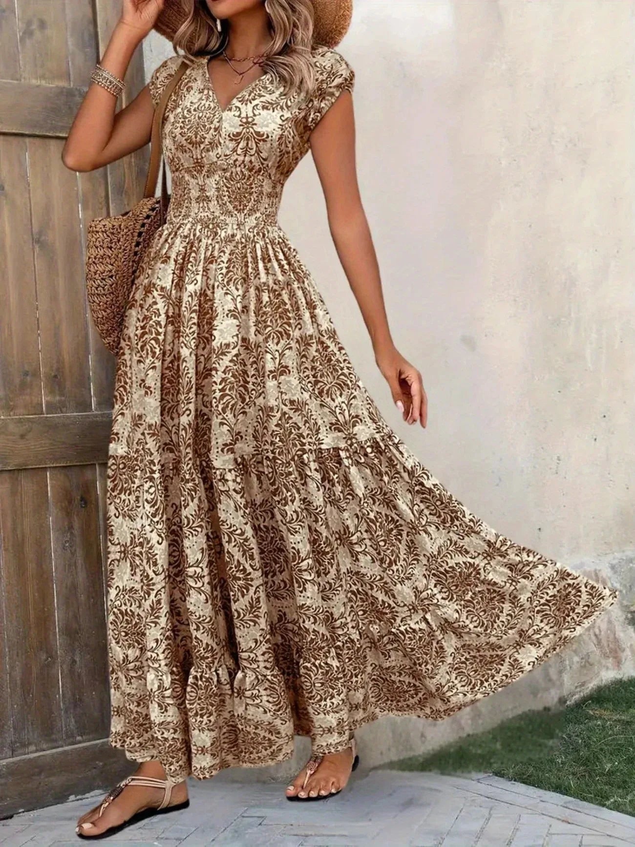 Bohemian Floral Printed V Neck Midi Dress For Women