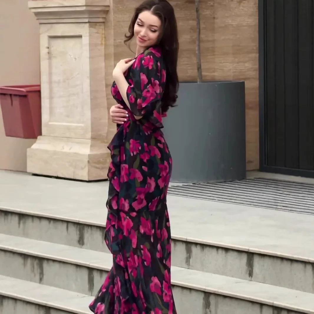 V Neck Floral Print Short Sleeve Ankle Length Dress for Women