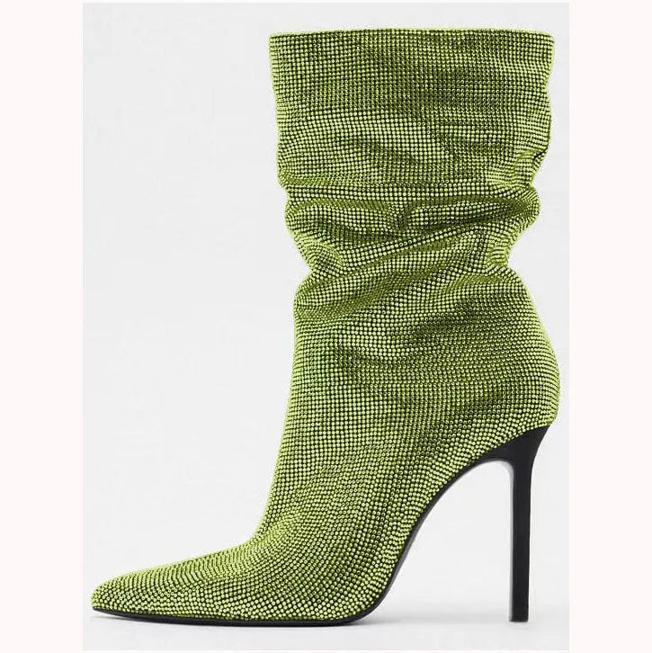 Rhinestone Embellished Pointed Toe Stiletto Boots For Women