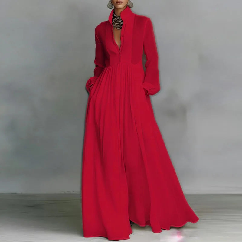 Elegant High Waist Pleated Long Sleeve Maxi Dress for Women