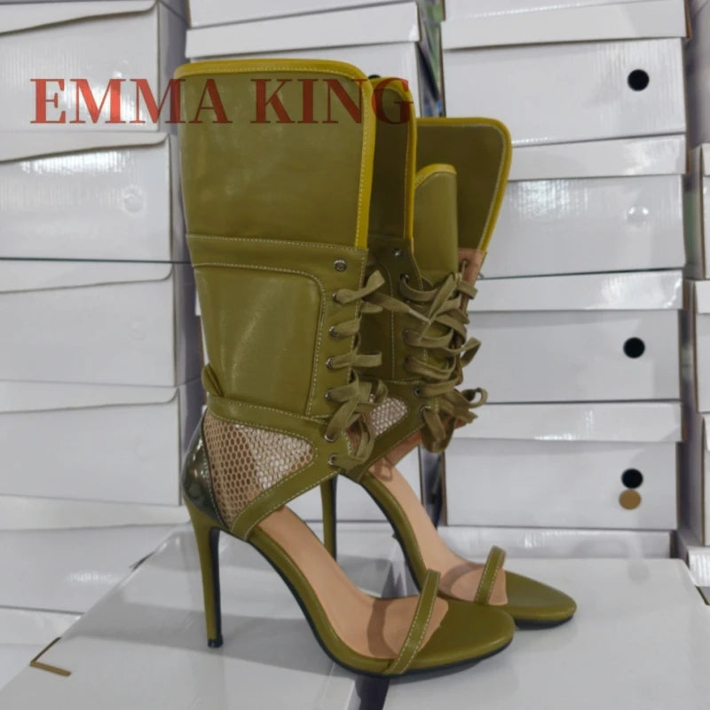 Green Fold-Over Lace-Up Open Toe Cutout Mesh Sandals for Women