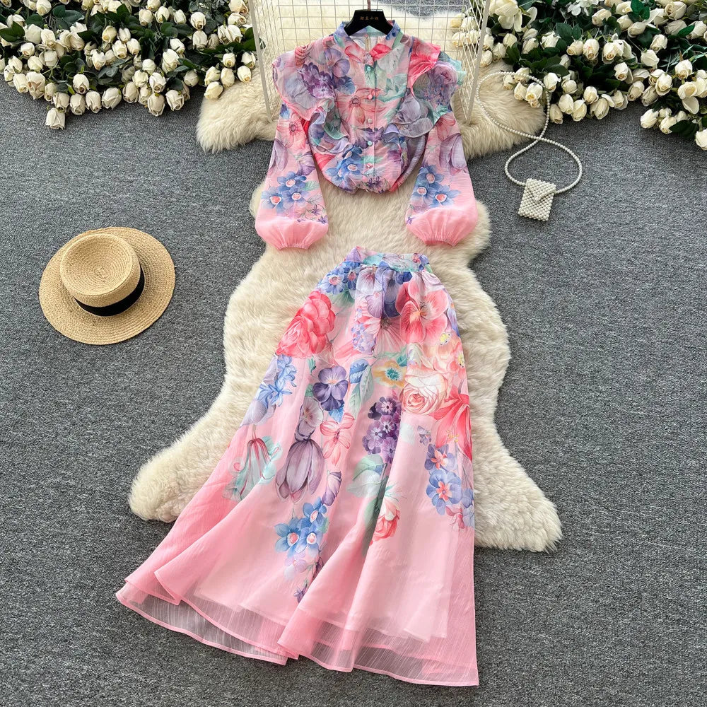 Floral Two Piece Skirt Set With Long Sleeves for Women