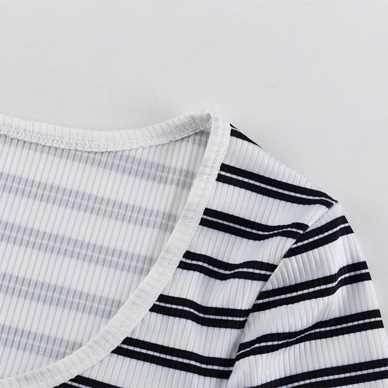 Striped Knit Top and Shorts Set with Button O Neck for Women