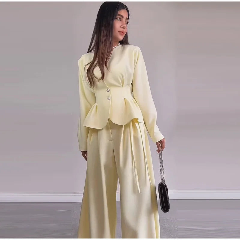 V-Neck Ruffle Coat and Wide Leg Pants Two-Piece Set for Women