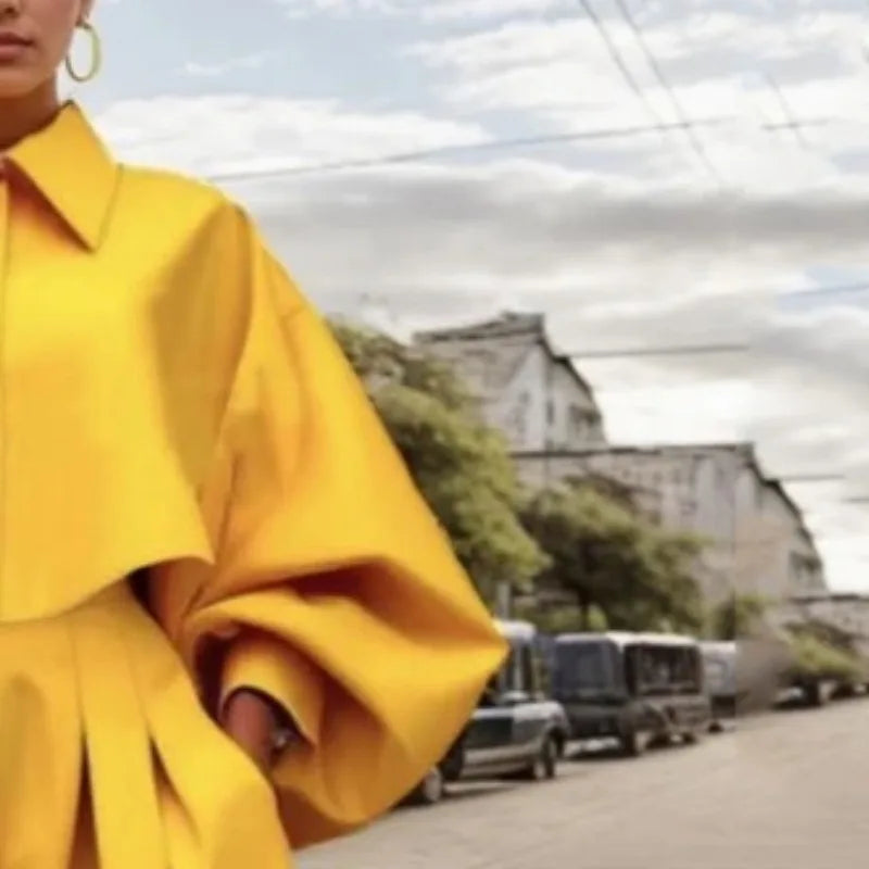 Beautyblue Elegant Women's Coats&Pants Yellow Pant Sets New Casual Buttoned Pleated Lapel Blazer Blouses Pockets Trousers Female