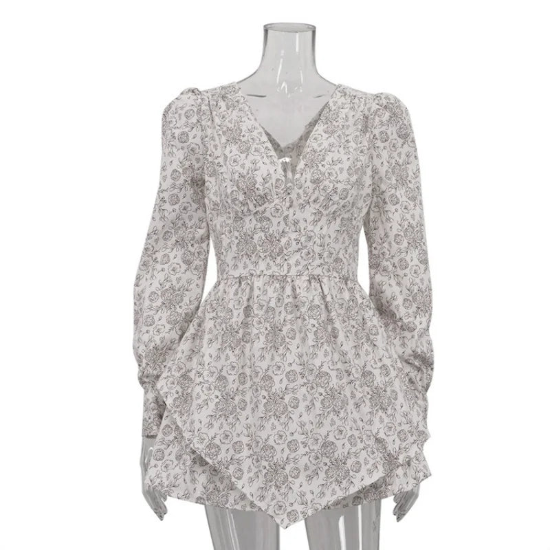 Elegant Printed Long Sleeve V Neck Mini Dress for Women