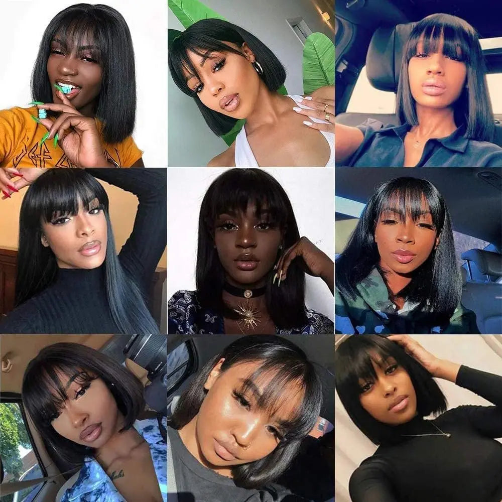 Human Hair Short Bob Wigs With Bangs Straight Hair Fringe Bob Wig for Women #4 Chocolate Brown #99j Dark Red Full Machine Wigs