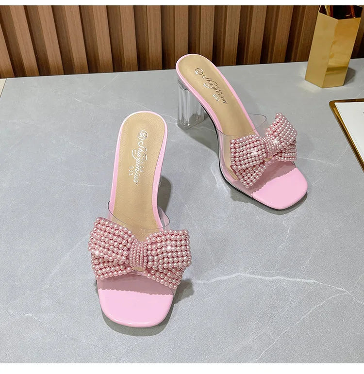Pink Pearl Bow Design Clear Crystal High Heels for Women