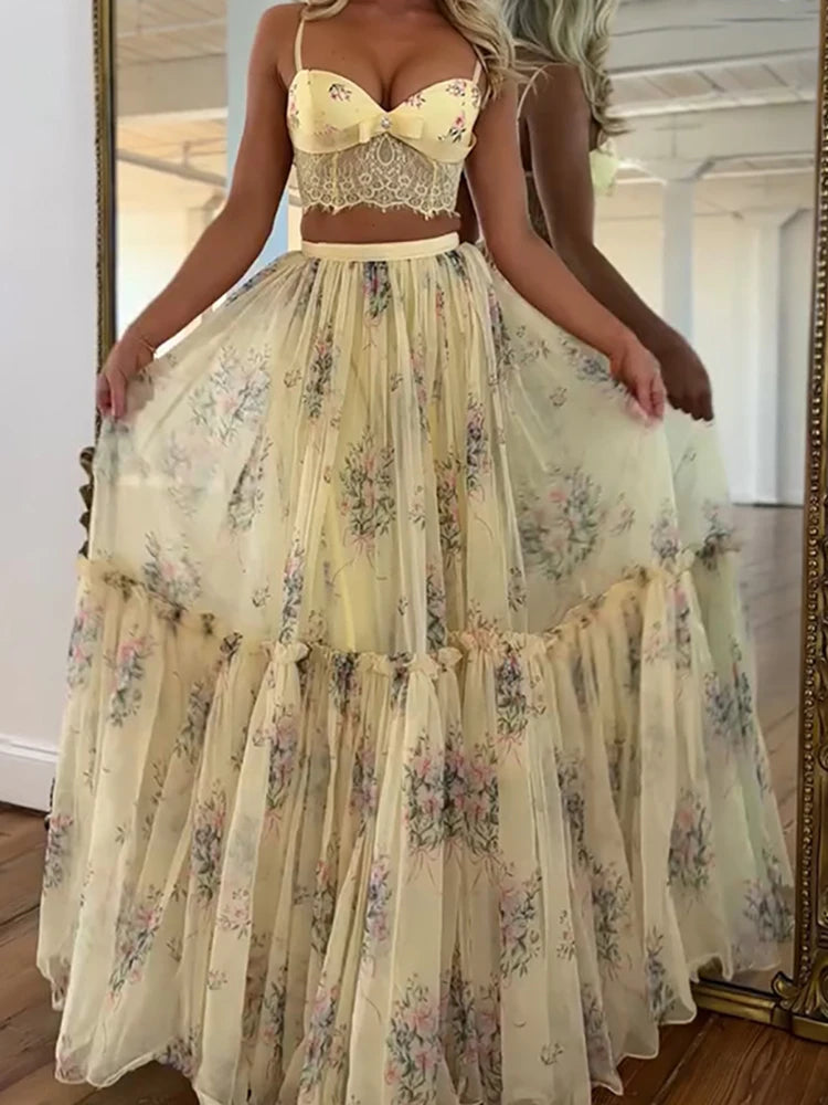 Printed Spaghetti Strap Top and Maxi Skirt Set for Women