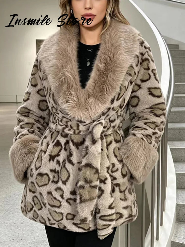 Leopard Print Faux Fur Patchwork Winter Overcoat for Women