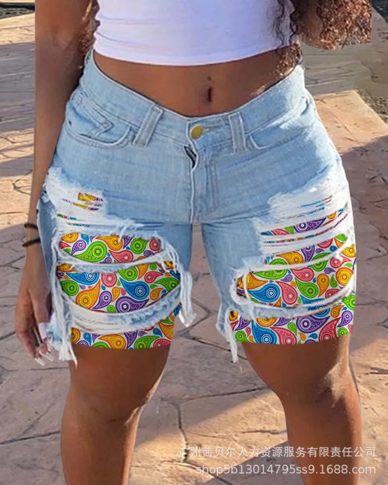 Casual Slim Knee Length Patchwork Denim Shorts for Women