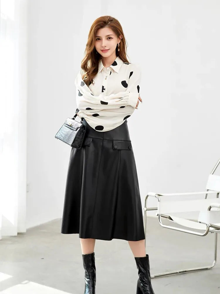 Long Skirts For Women 2025 New Korean Fashion High Waisted Genuine Leather Skirt Elegant A Line Casual Style Streetwear