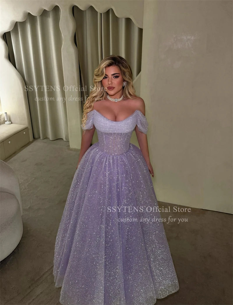 Glitter Lavender Off-Shoulder A-Line Evening Dress for Women