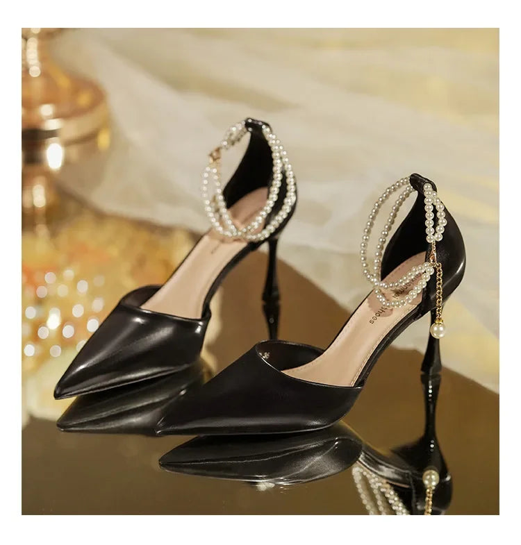 Pearl Stiletto Bow Ankle Pumps