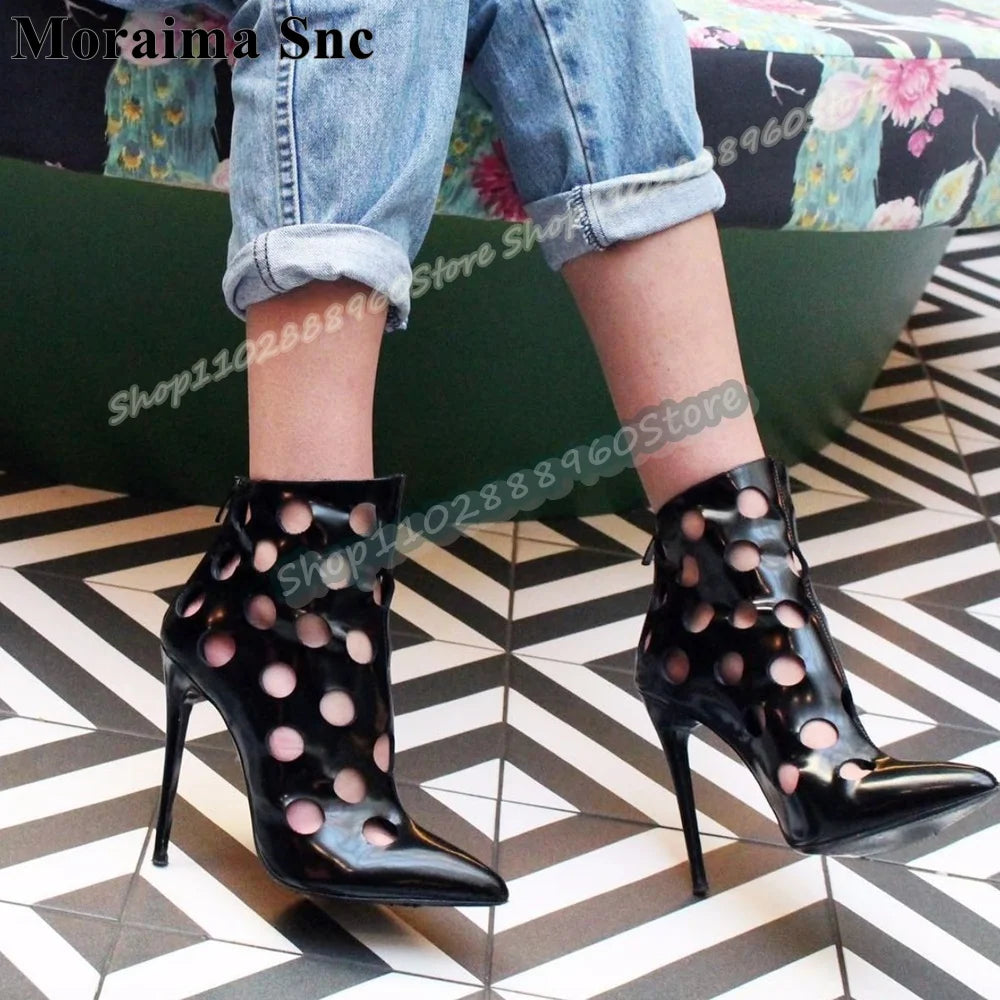 Black Leather Cutout Pointed Toe Stiletto Sandals For Women