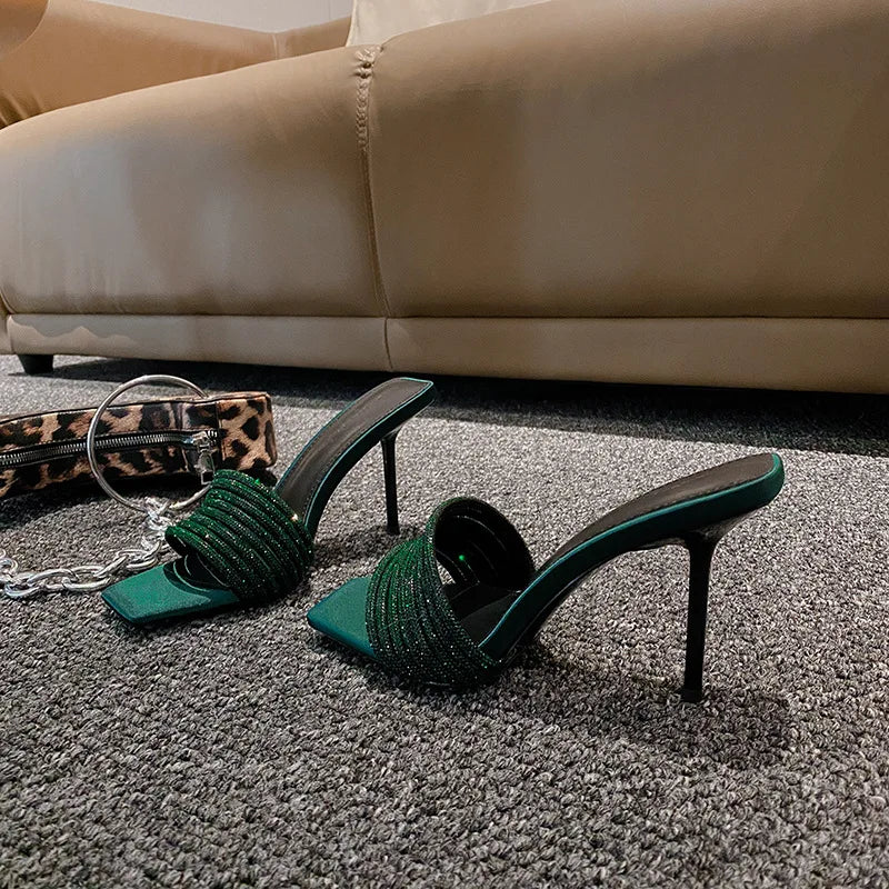 Dark Green Satin Rhinestone Square Toe Slide Sandals for Women