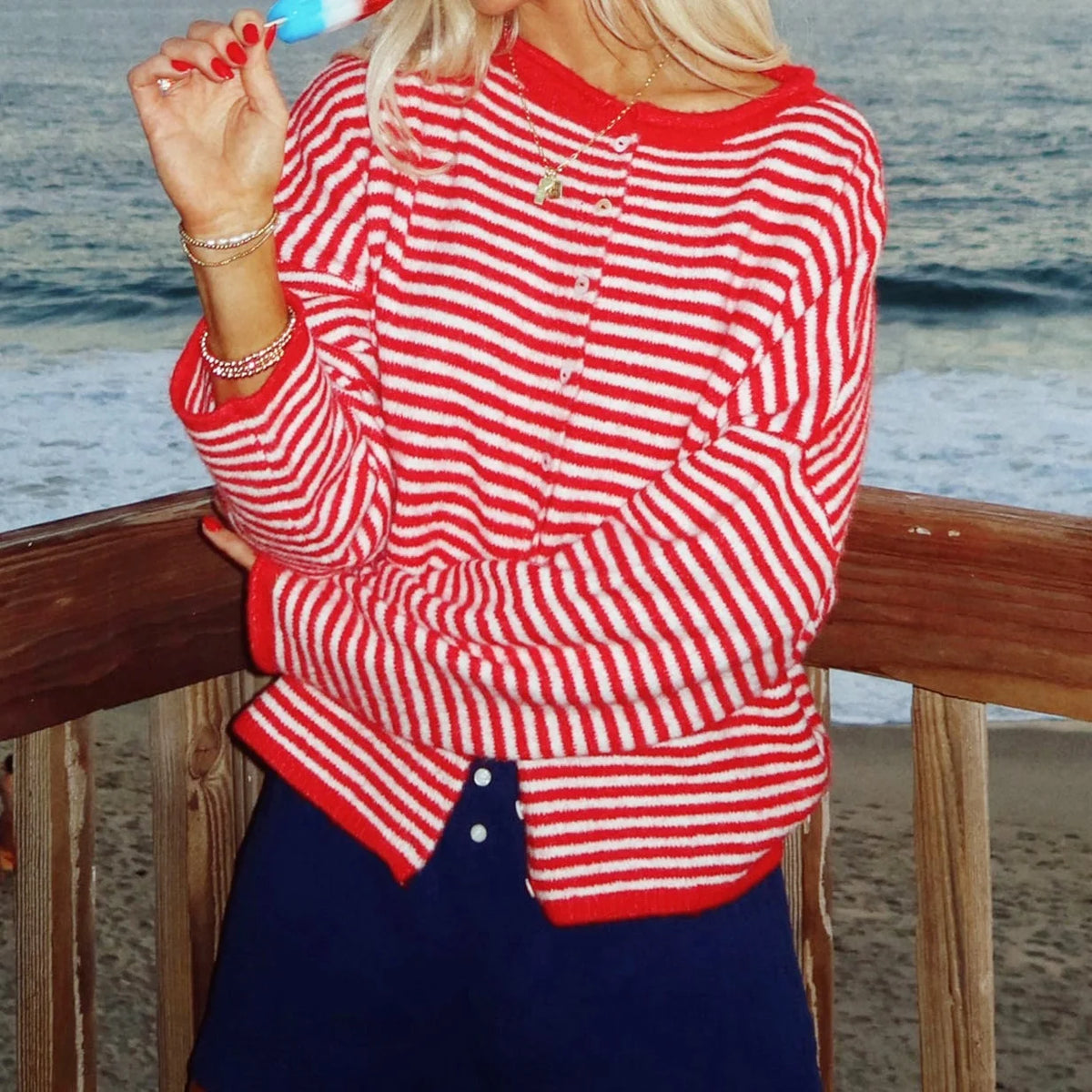 Striped Button Front Knit Cardigan Sweater for Women