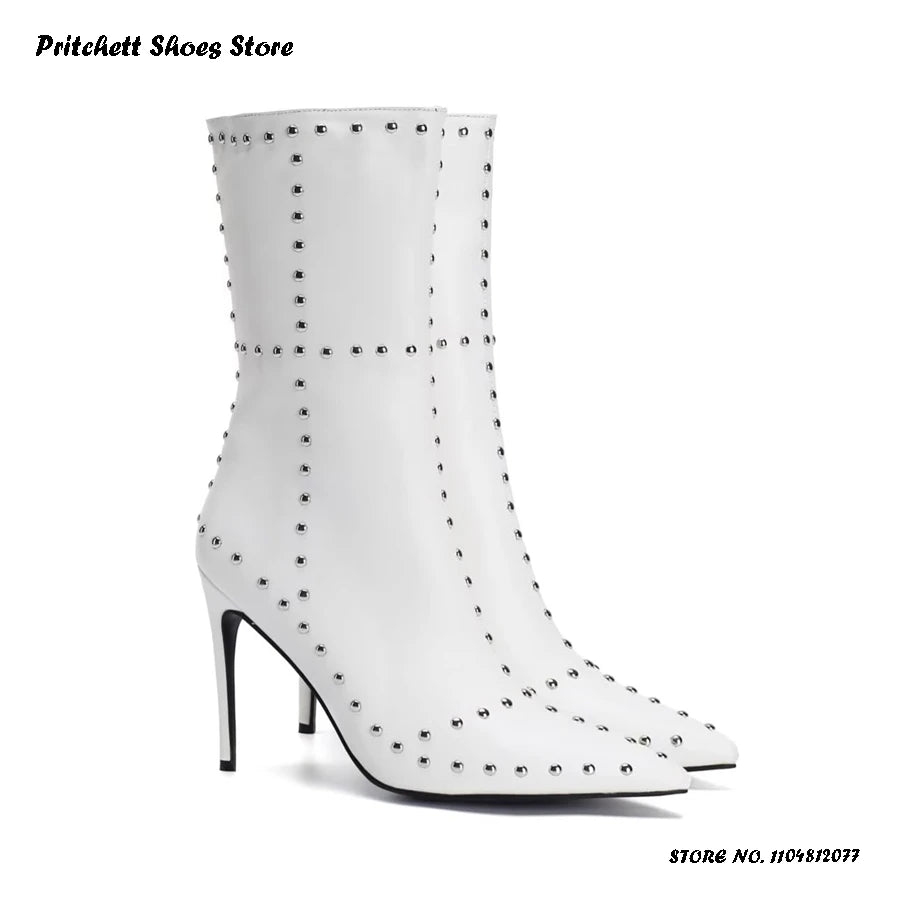 Studded Leather Pointed Toe Ankle Booties For Women