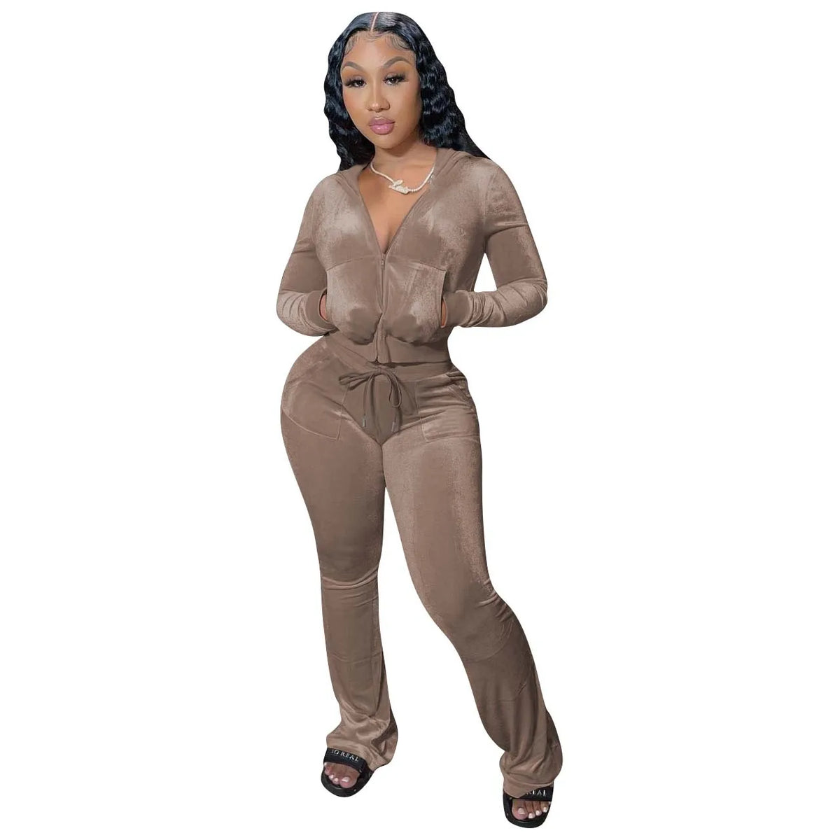 Hooded Zip Top And High Waist Pants Outfit Set for Women