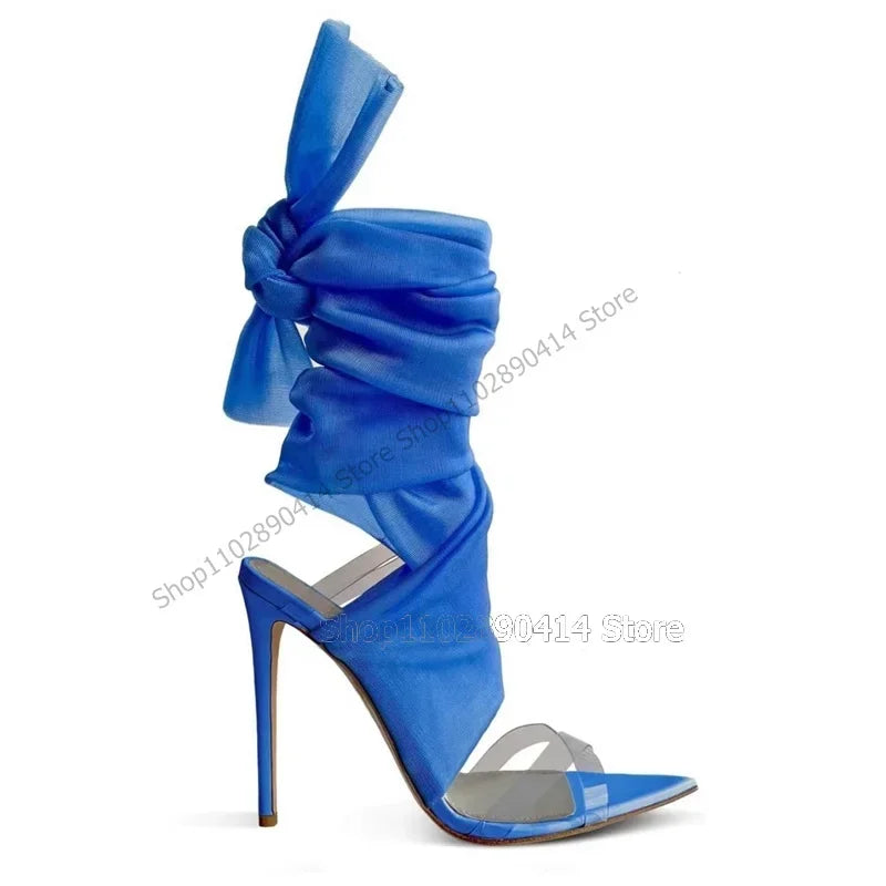 Blue Mesh PVC Hollow Cut Heel Open Toe Back Strap Sandals for Women
