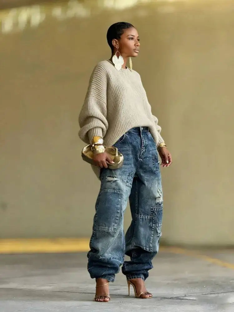 Washed Distressed Patchwork Loose Fit Jeans for Women