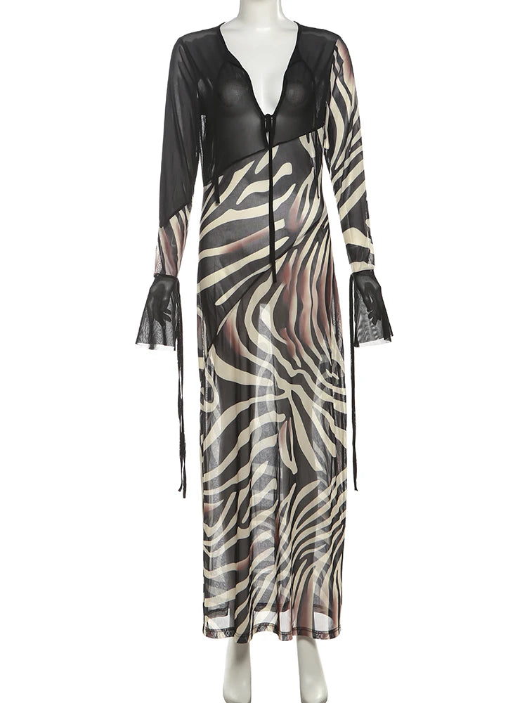 Patchwork Print V Neck Maxi Dress
