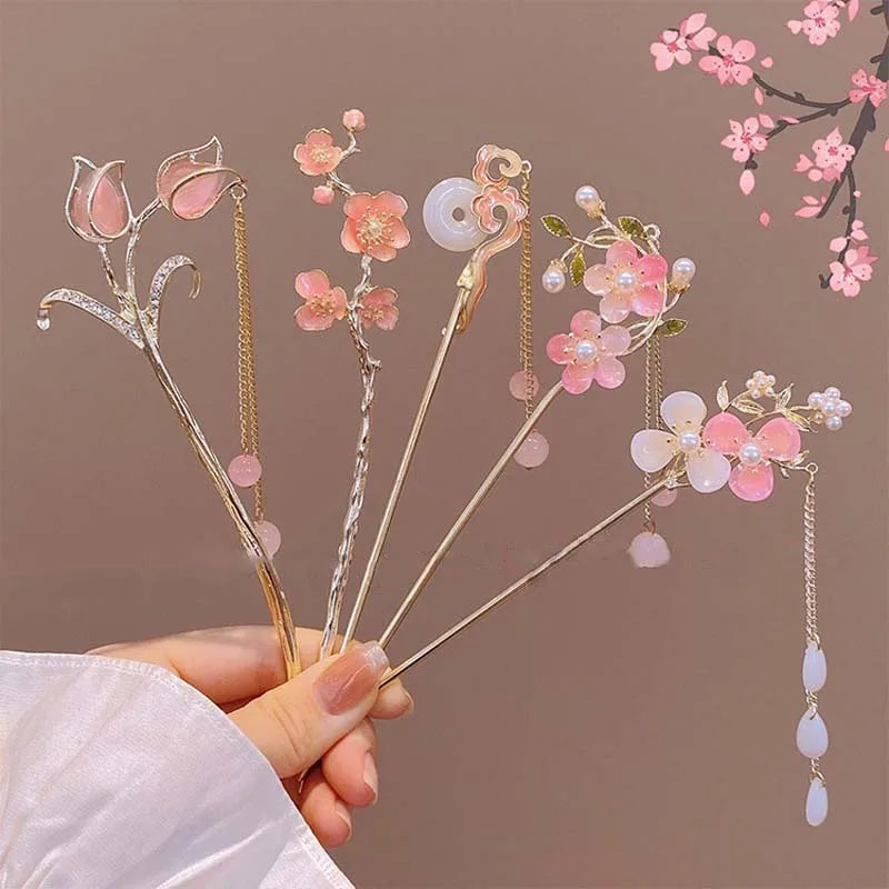 Floral Crystal Tassel Hair Sticks
