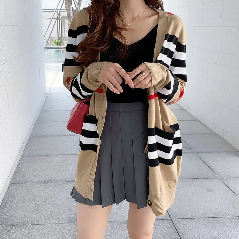 Women's Coat Spring and Autumn Classic Striped Color-block V-neck Mid-length Knitted Cardigan Loose Sweater Coat