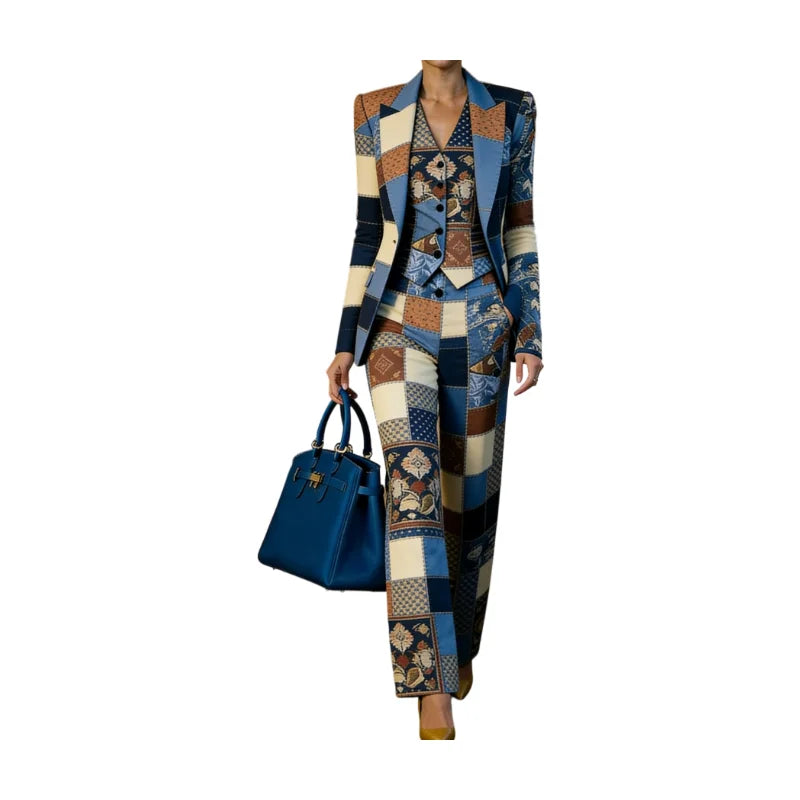 Women's Three Piece Patchwork Printed Lapel Blazer Vest Wide Leg Pants For Business Dinner Street Fashion Occasions